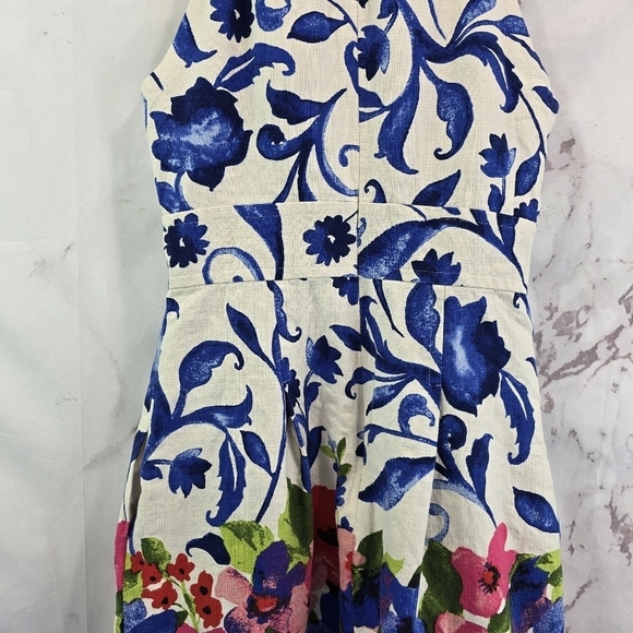 Eliza J Dress Women 8 Medium Floral White Blue Sheath A Line Pleated Tank Flare - Picture 7 of 12